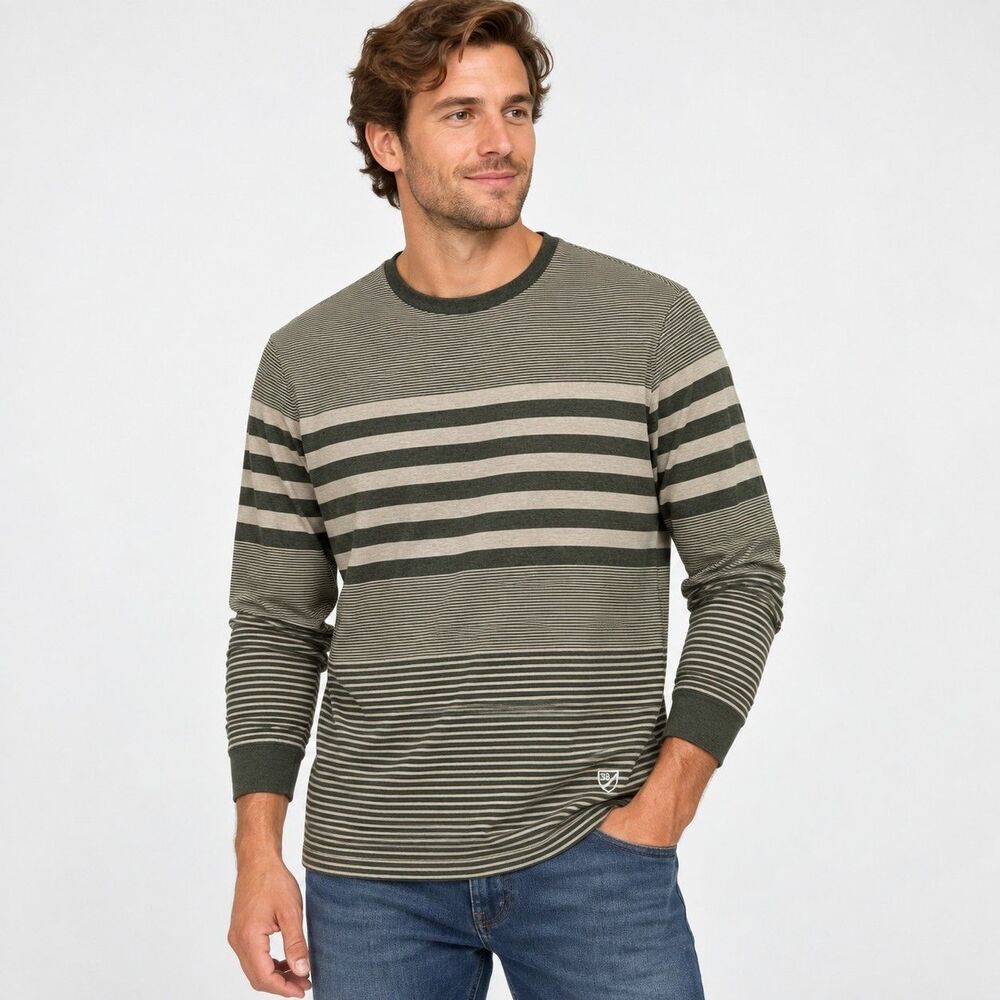 Cremieux 38 Mens XL Long Sleeve Shirt Green Beige Striped Cotton Stretch...